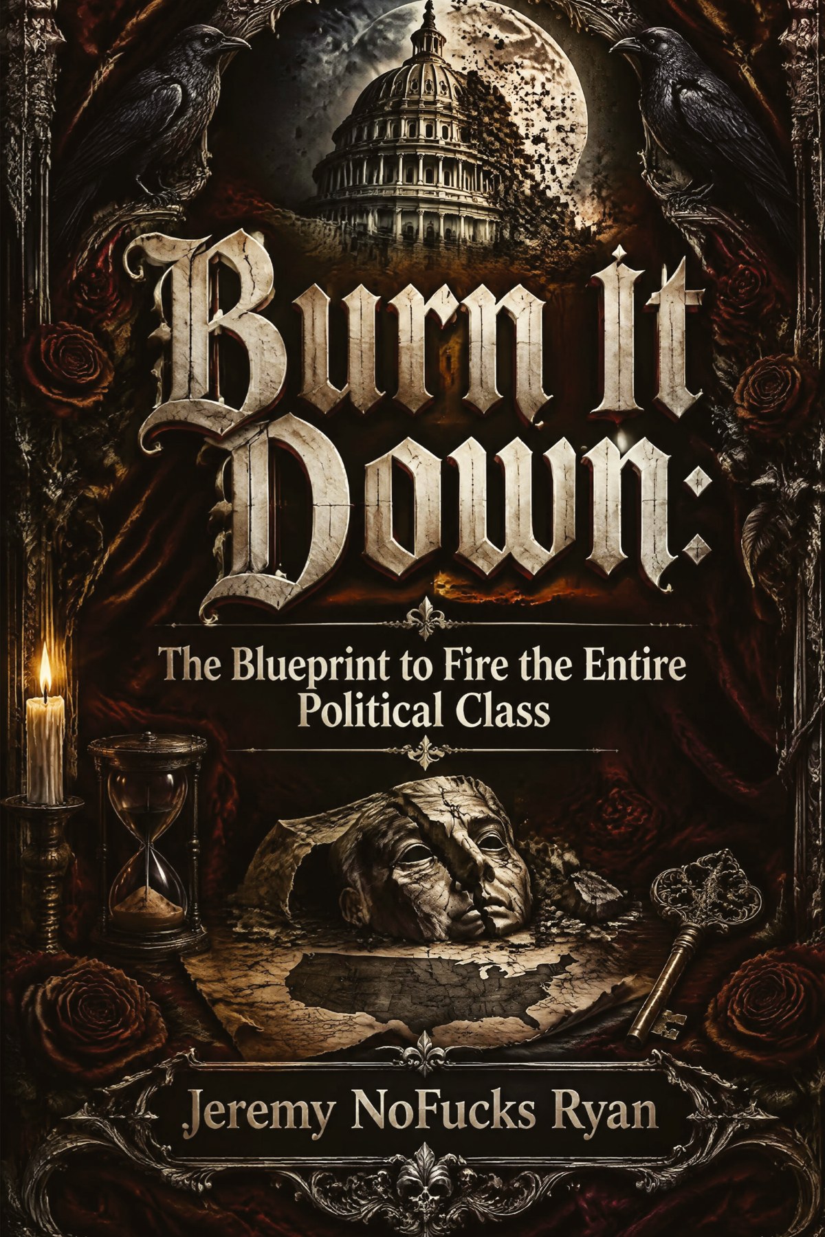 Book cover: Burn It Down, The Blueprint to Fire the Entire Political Class, by Jeremy NoFucks Ryan. The Capitol dome under a full moon, framed by ravens, roses, and a fallen statue head.