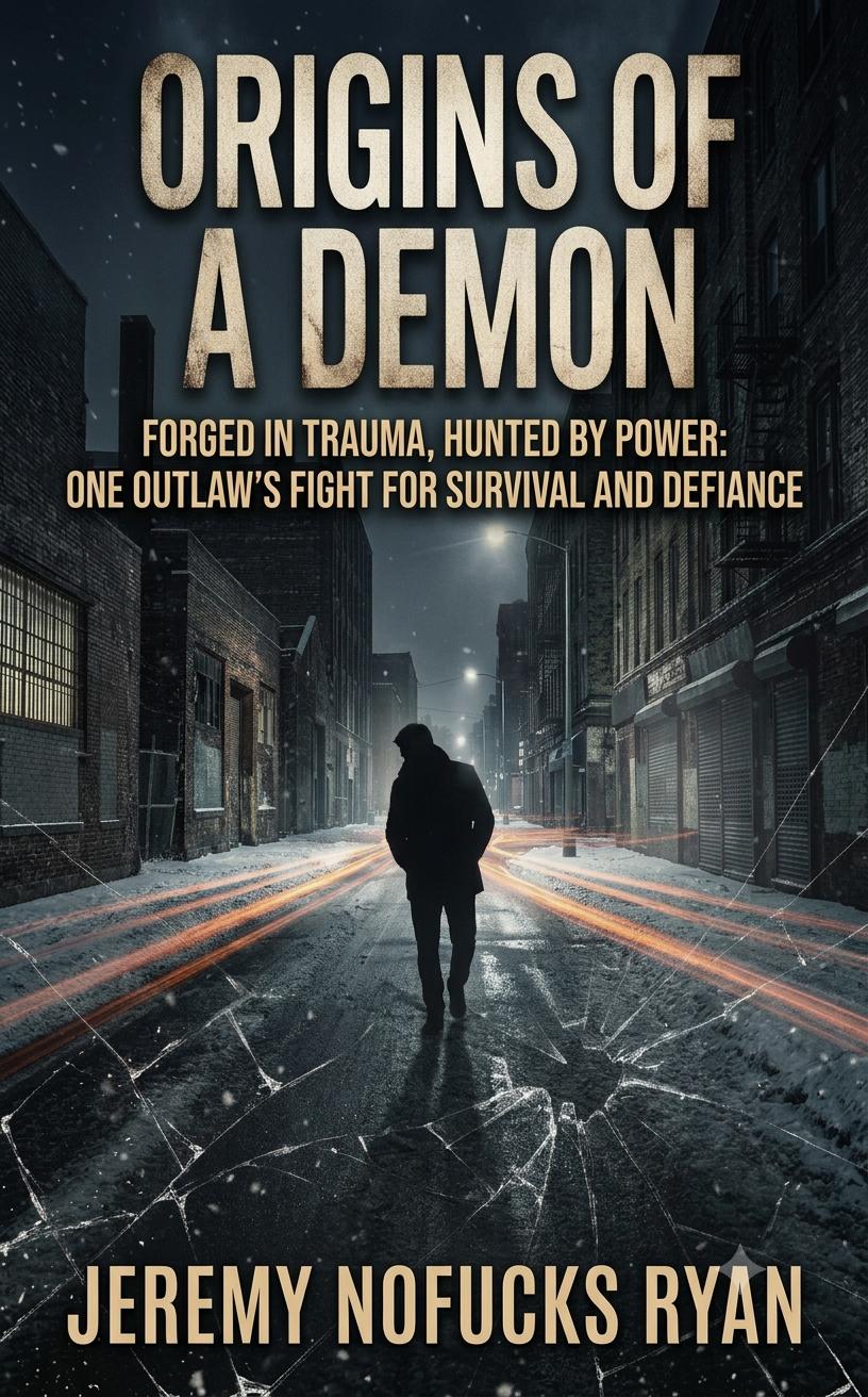 Book cover: a lone figure walking a snowy city street at night, title Origins of a Demon, author Jeremy NoFucks Ryan.